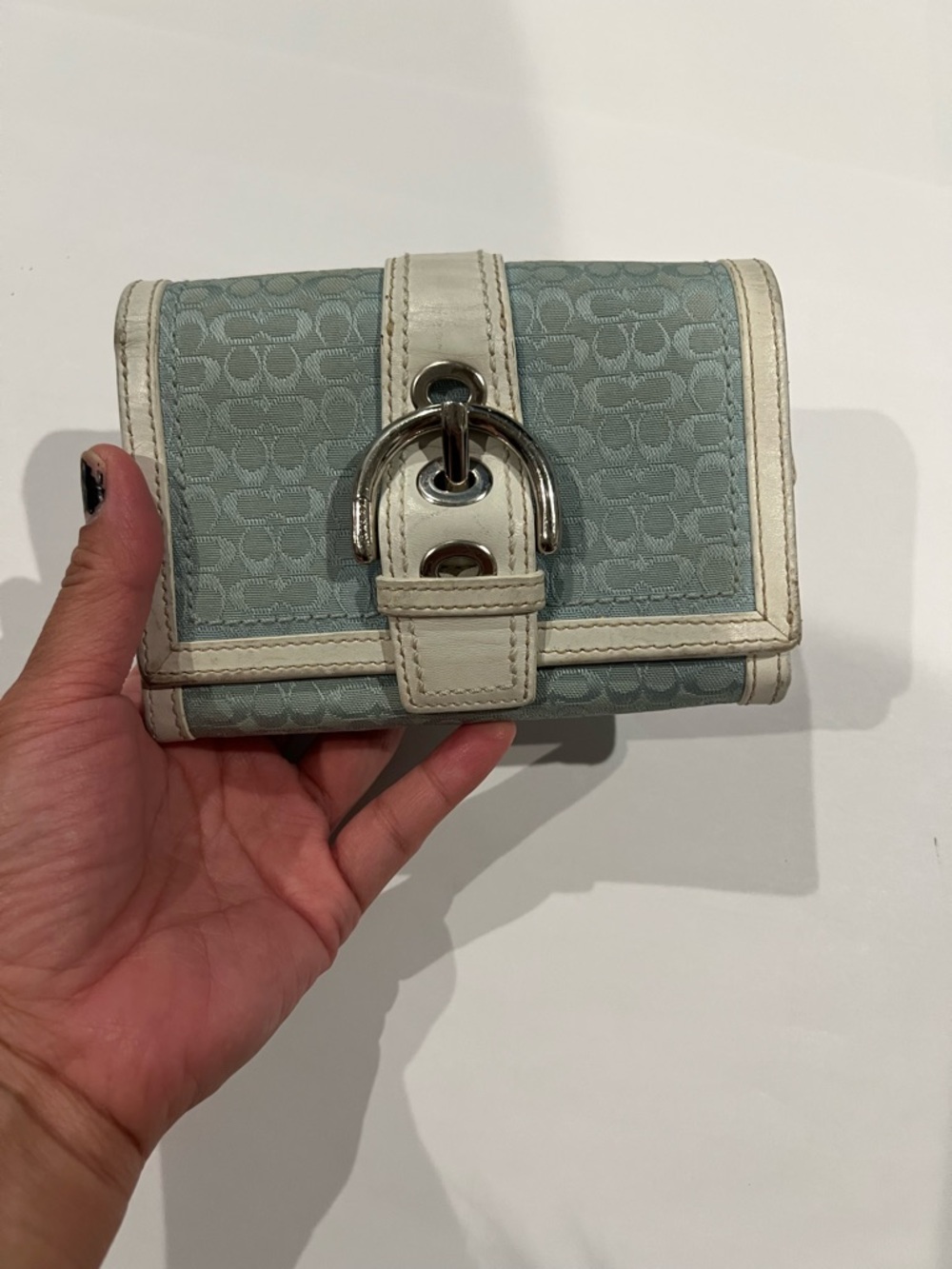 ❌SOLD❌ Coach Light Blue Signature Canvas Wallet with White Trim & Silver Buckle